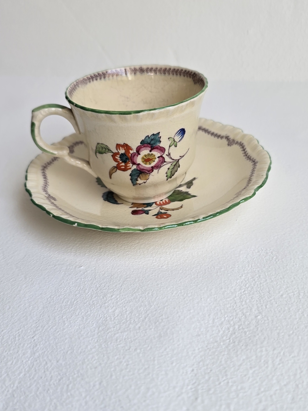 Floral Hand-Painted Teacup and Saucer Set in Cream and Green